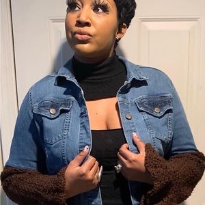 Denim Jacket with Crochet Sleeves and Animal Print on Back.